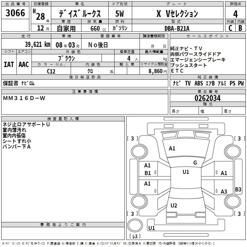 Аукционный лист NISSAN DAYZ ROOX 2016