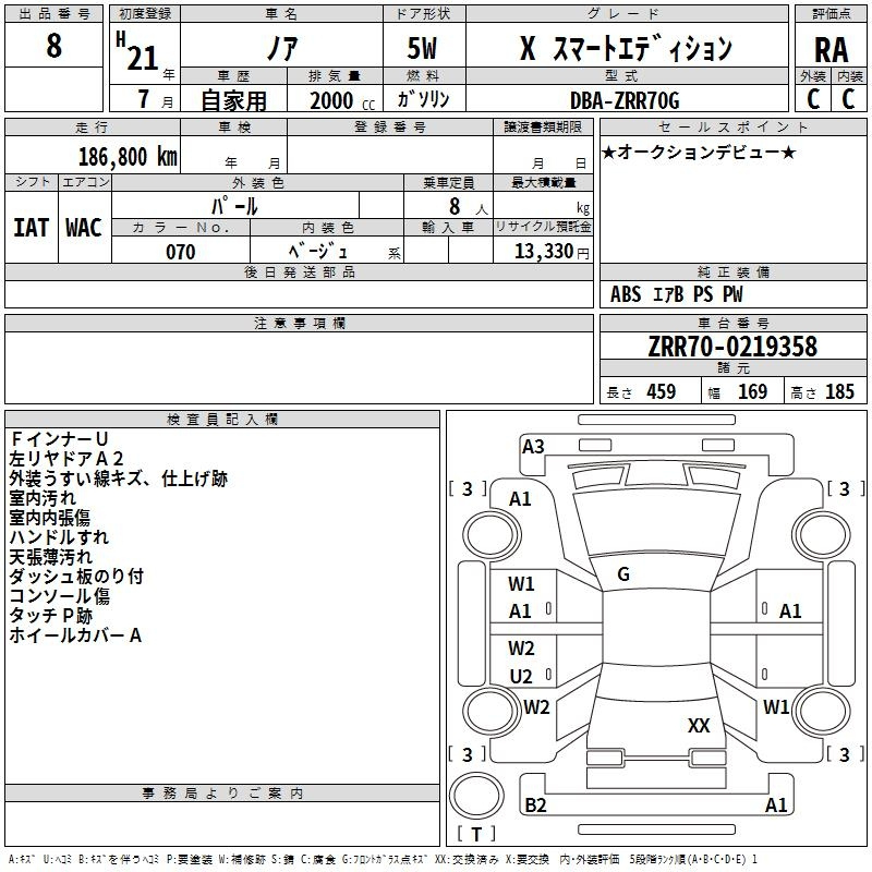 Аукционный лист TOYOTA NOAH 2009