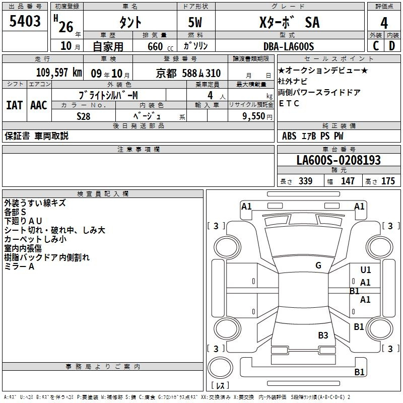 Аукционный лист DAIHATSU TANTO 2014