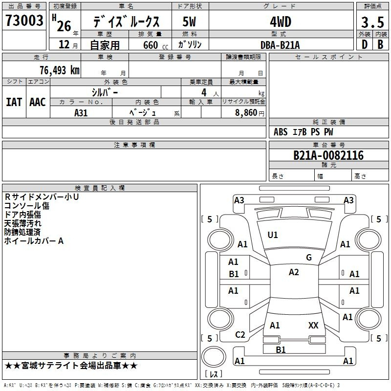 Аукционный лист NISSAN DAYZ ROOX 2014
