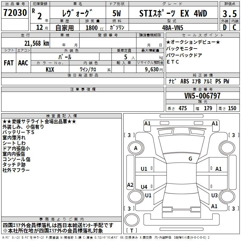 Аукционный лист SUBARU LEVORG 2020