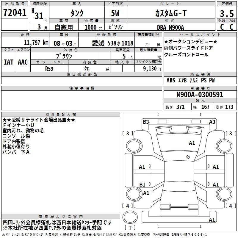 Аукционный лист TOYOTA TANK 2019