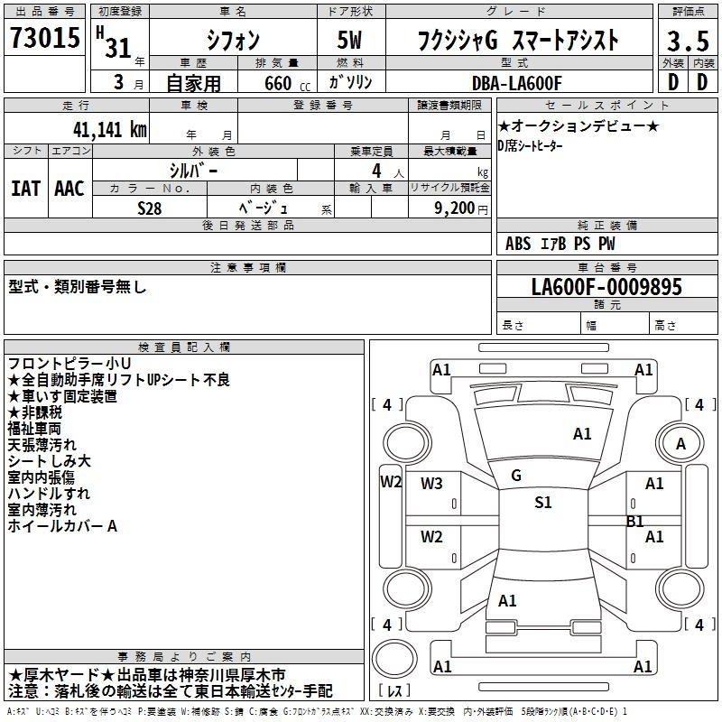 Аукционный лист SUBARU CHIFFON 2019