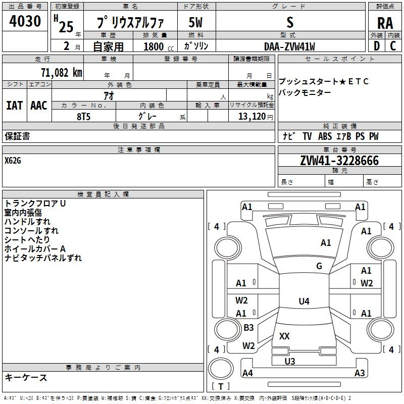 Аукционный лист TOYOTA PRIUS ALPHA 2013