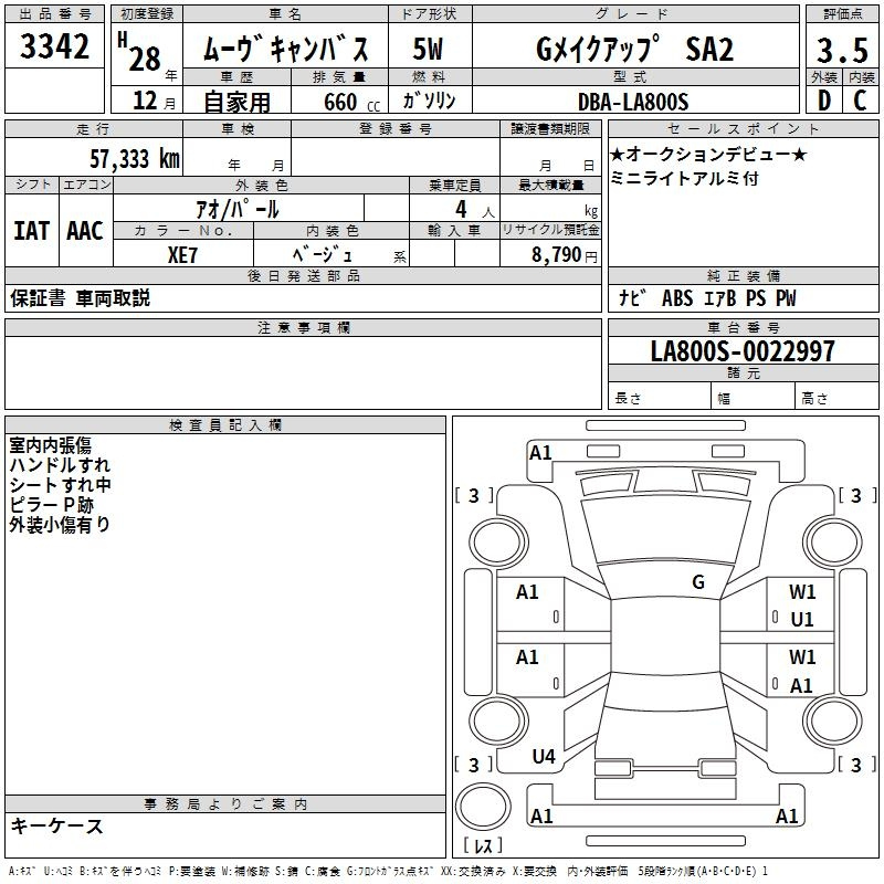 Аукционный лист DAIHATSU MOVE CANBUS 2016