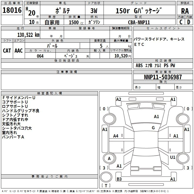 Аукционный лист TOYOTA PORTE 2008