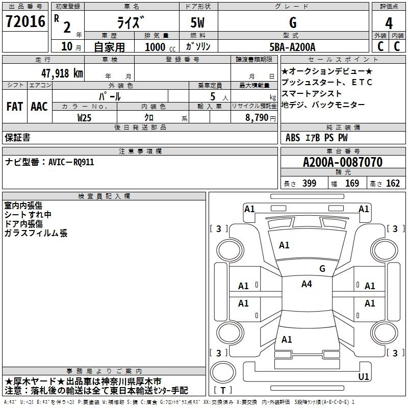 Аукционный лист TOYOTA RAIZE 2020