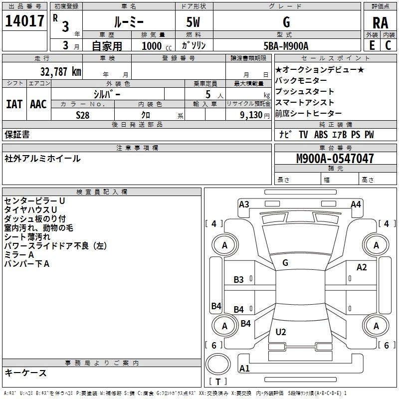 Аукционный лист TOYOTA ROOMY 2021