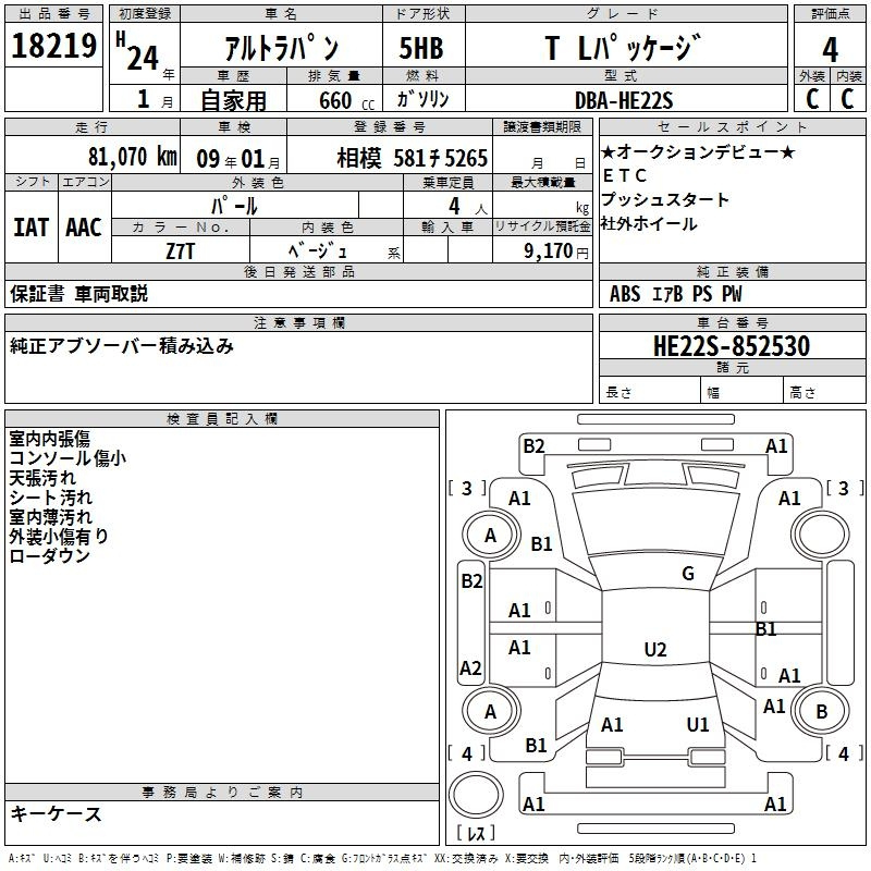 Аукционный лист SUZUKI ALTO LAPIN 2012