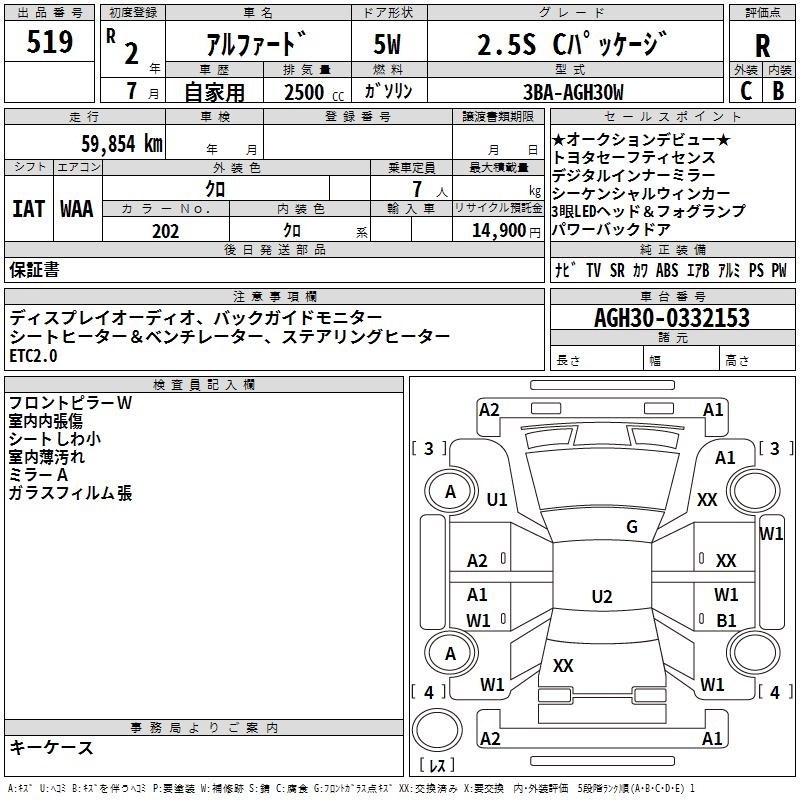 Аукционный лист TOYOTA ALPHARD 2020