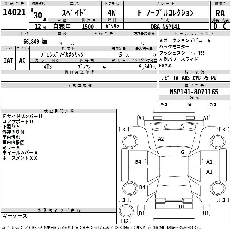 Аукционный лист TOYOTA SPADE 2018