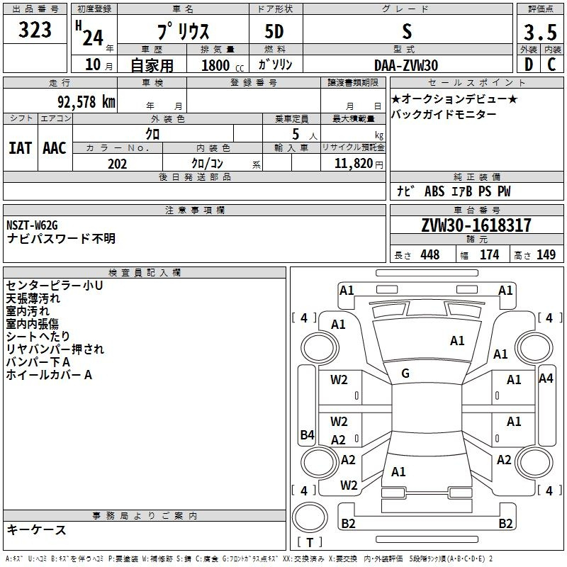 Аукционный лист TOYOTA PRIUS 2012