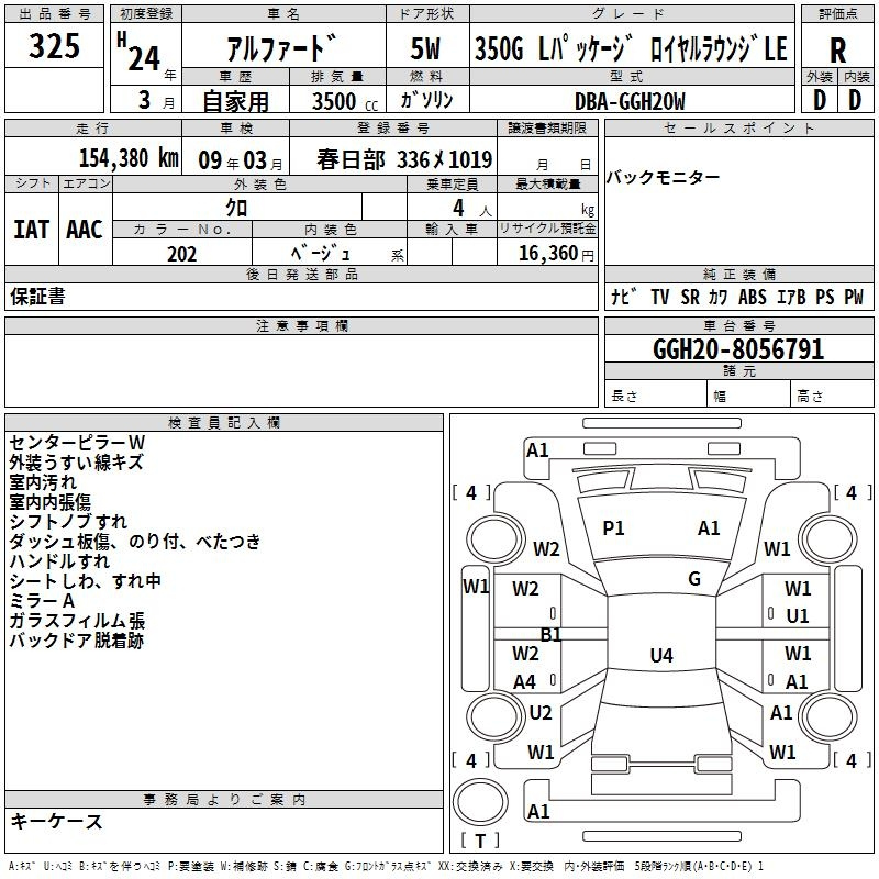 Аукционный лист TOYOTA ALPHARD 2012