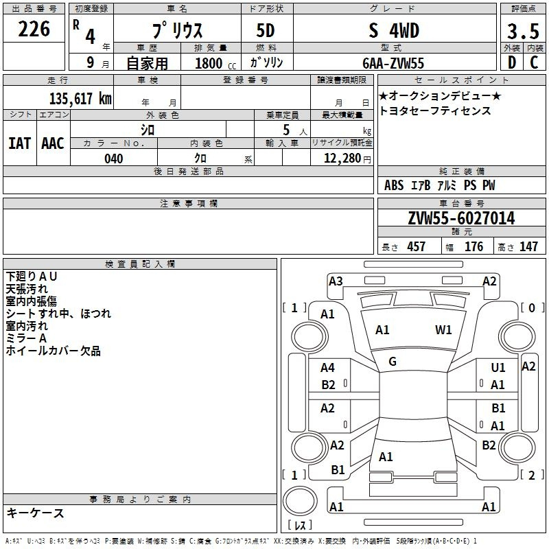 Аукционный лист TOYOTA PRIUS 2022