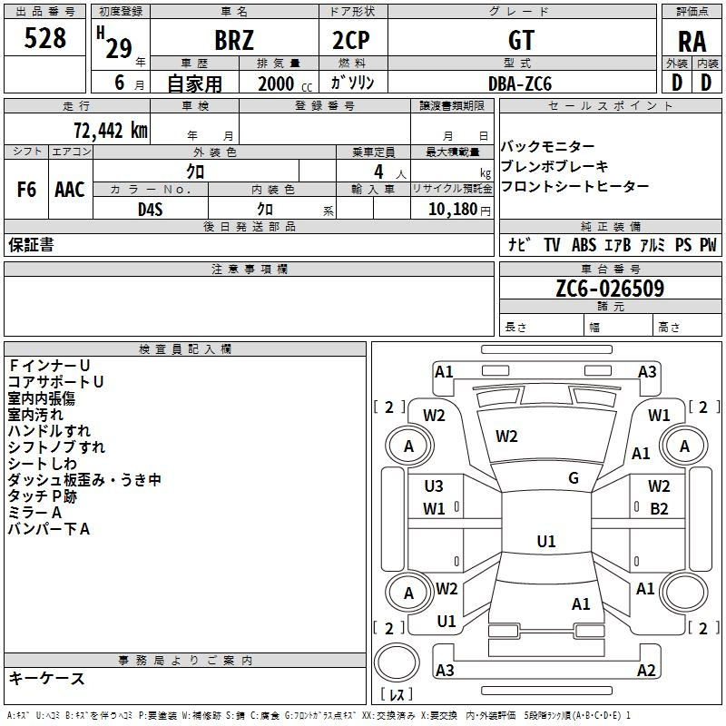 Аукционный лист SUBARU BRZ 2017