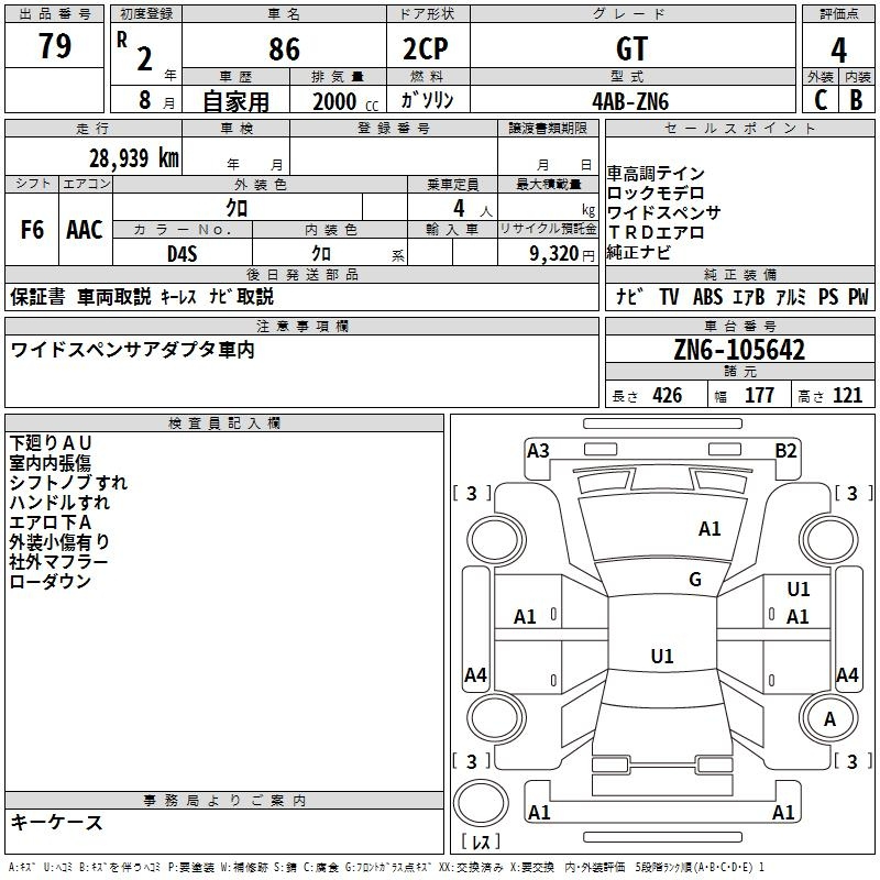 Аукционный лист TOYOTA 86 2020