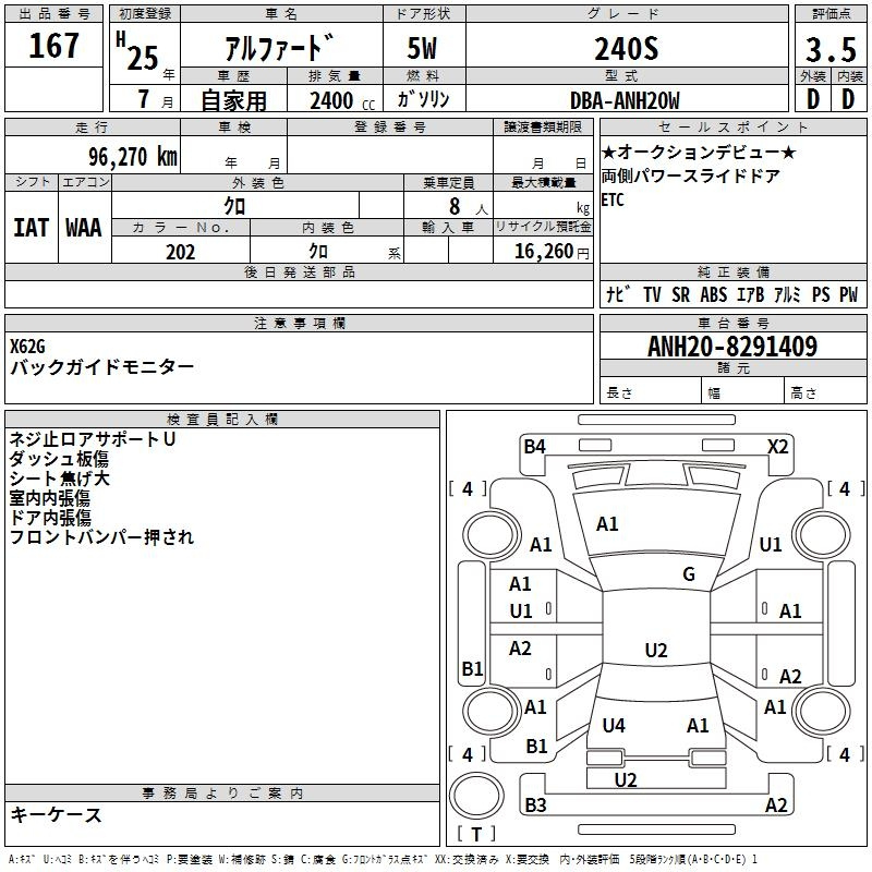 Аукционный лист TOYOTA ALPHARD 2013