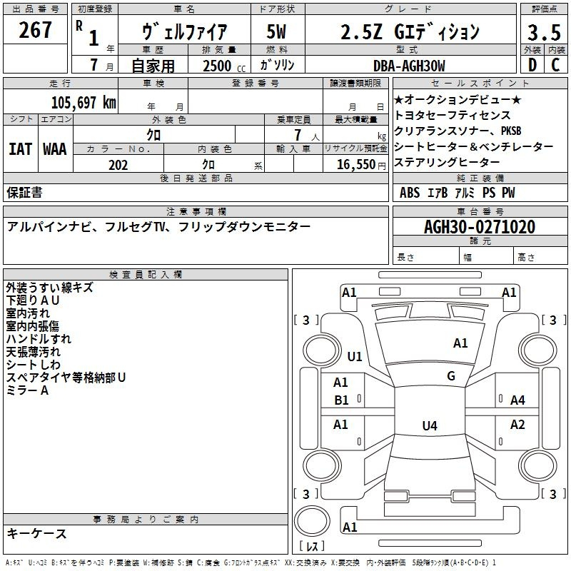Аукционный лист TOYOTA VELLFIRE 2019