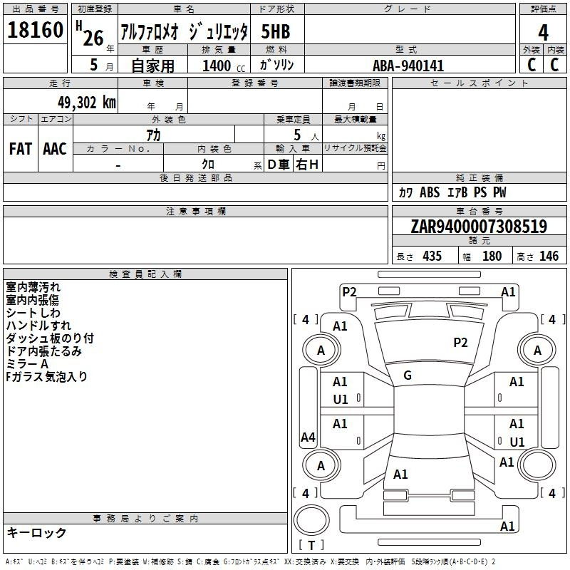 Аукционный лист ALFAROMEO GIULIETTA 2014
