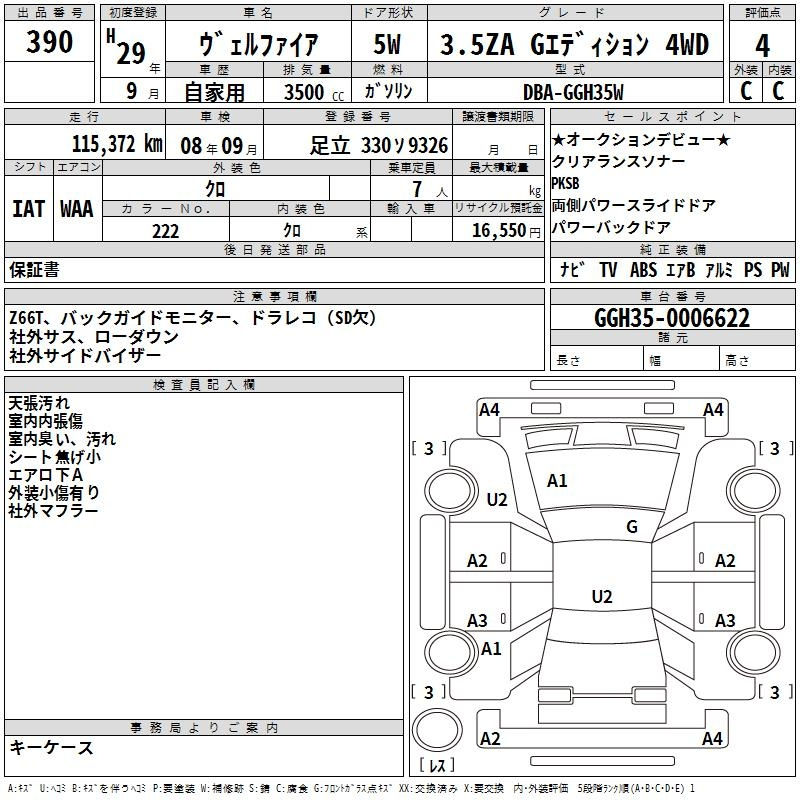 Аукционный лист TOYOTA VELLFIRE 2017