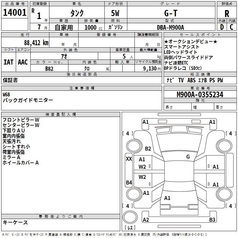 Аукционный лист TOYOTA TANK 2019