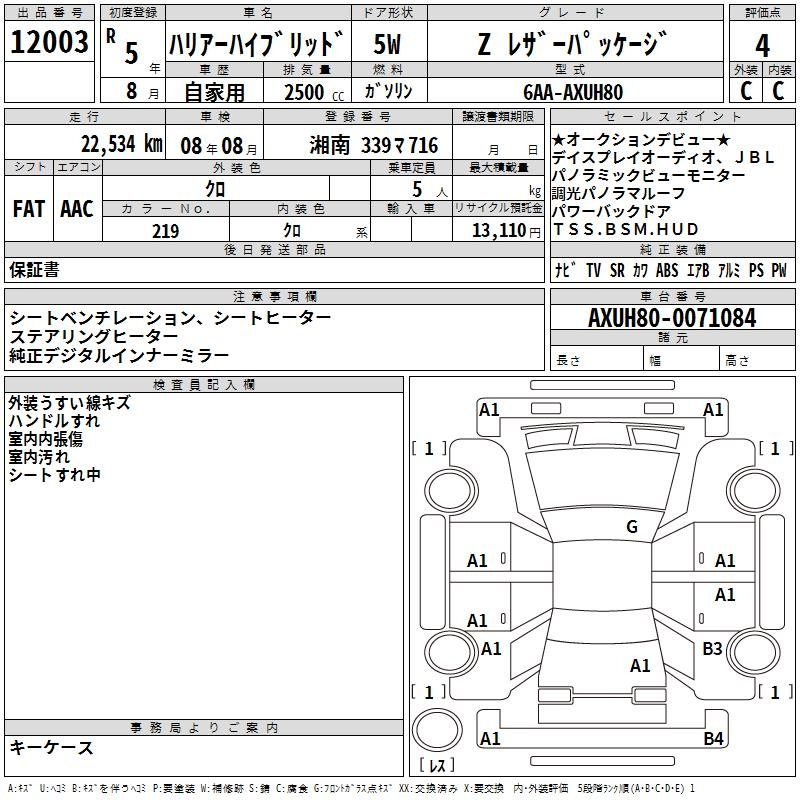 Аукционный лист TOYOTA HARRIER 2023
