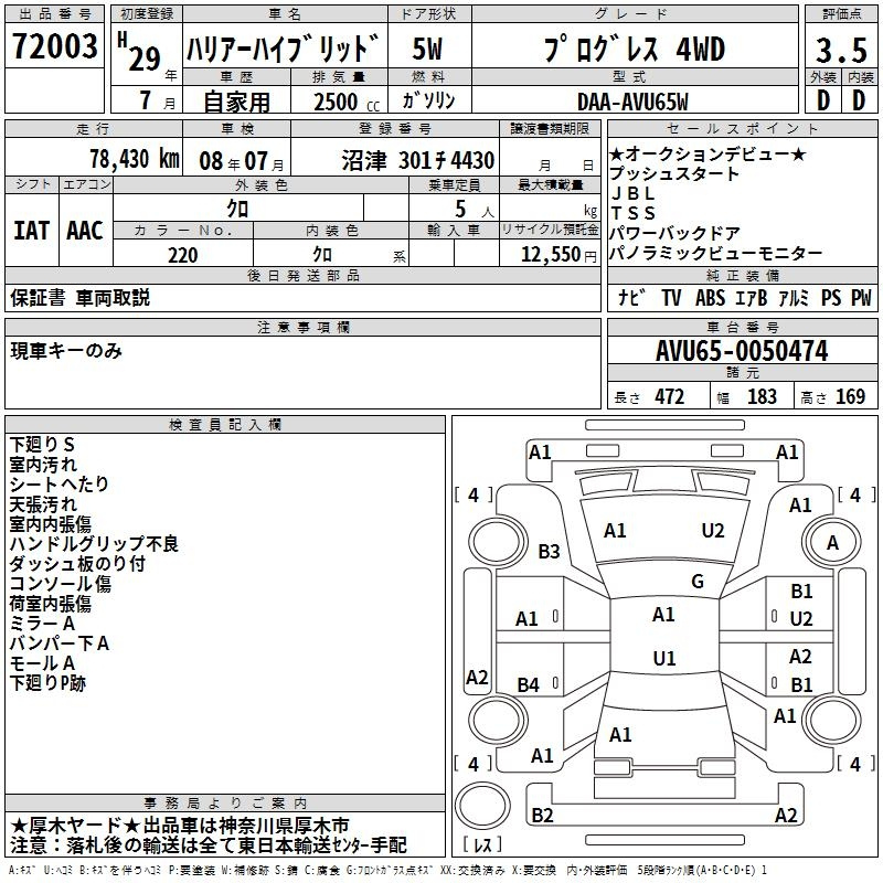 Аукционный лист TOYOTA HARRIER 2017