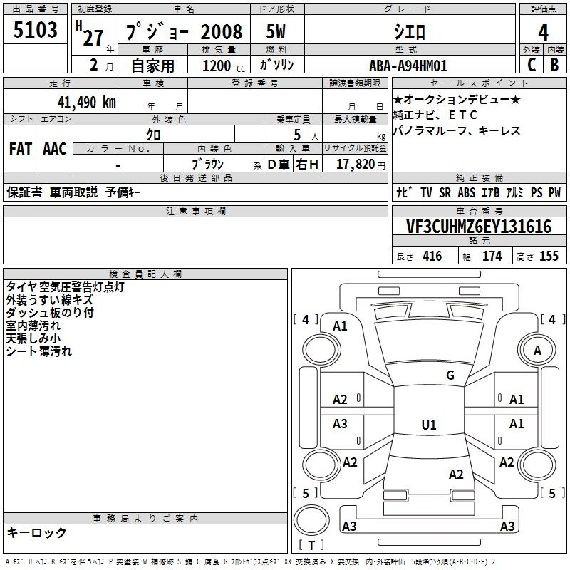 Аукционный лист PEUGEOT 2008 2015