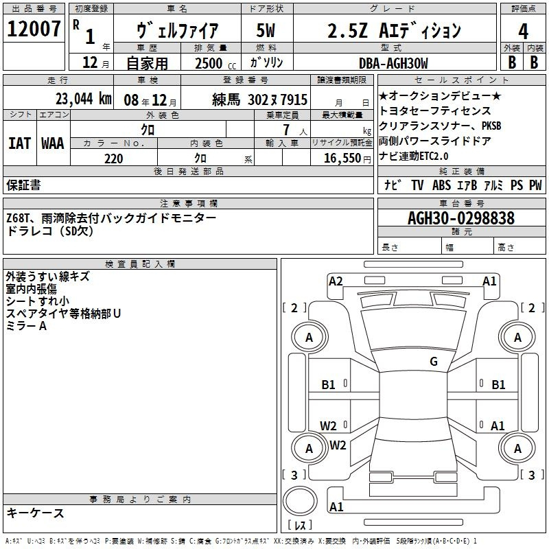 Аукционный лист TOYOTA VELLFIRE 2019