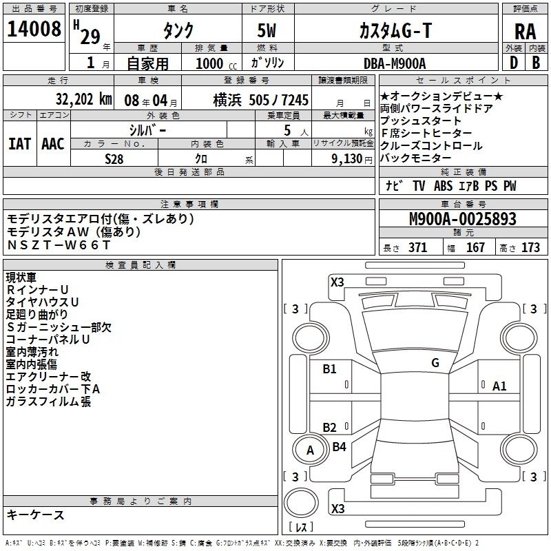 Аукционный лист TOYOTA TANK 2017