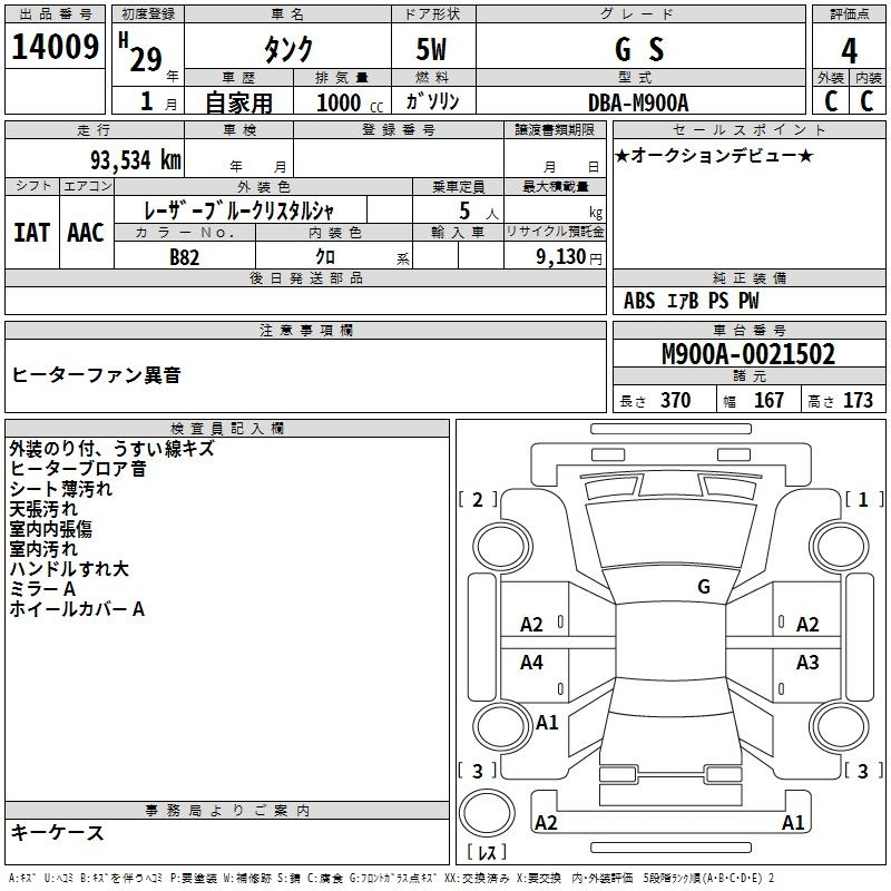 Аукционный лист TOYOTA TANK 2017