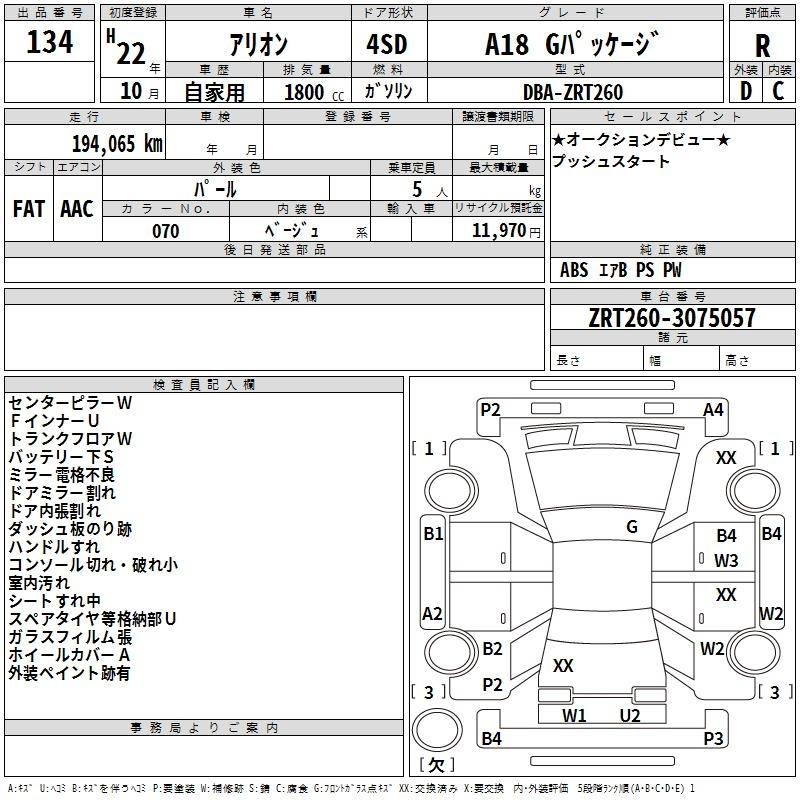 Аукционный лист TOYOTA ALLION 2010