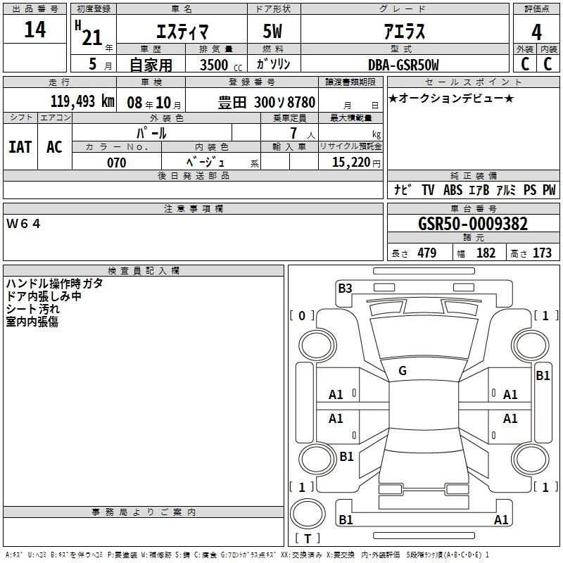 Аукционный лист TOYOTA ESTIMA 2009