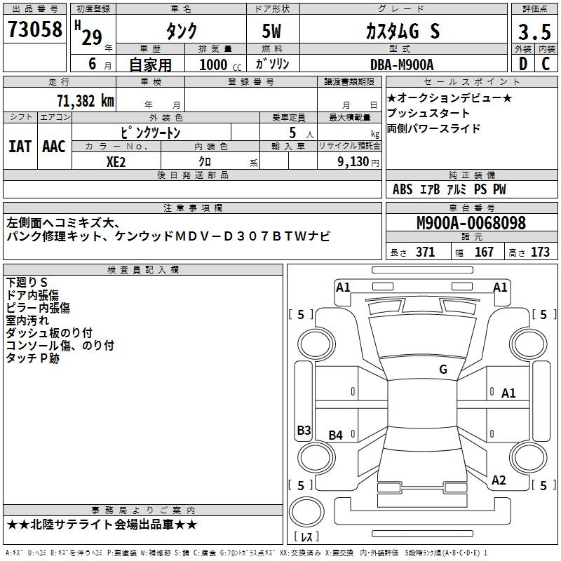Аукционный лист TOYOTA TANK 2017