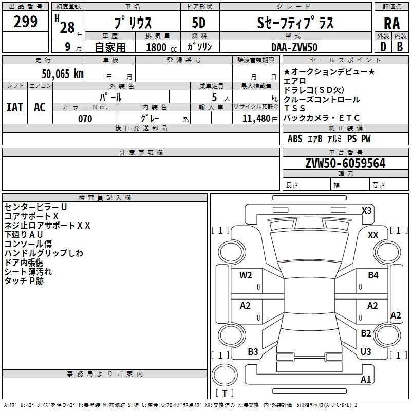 Аукционный лист TOYOTA PRIUS 2016
