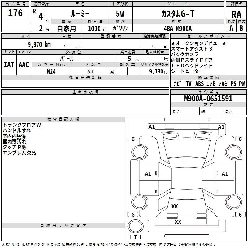 Аукционный лист TOYOTA ROOMY 2022