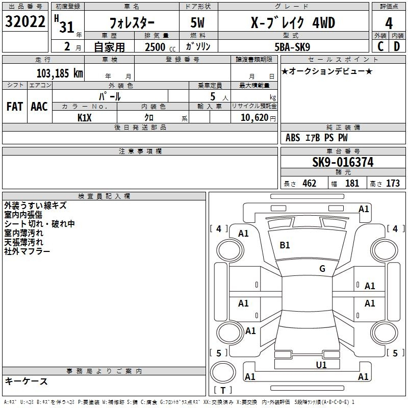 Аукционный лист SUBARU FORESTER 2019