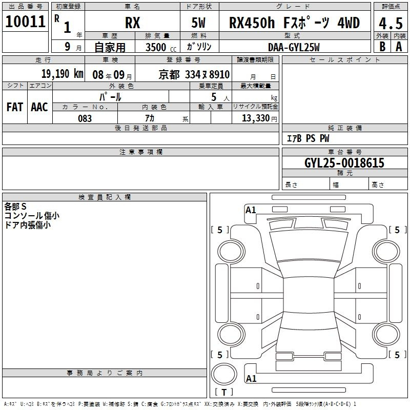 Аукционный лист LEXUS RX 2019