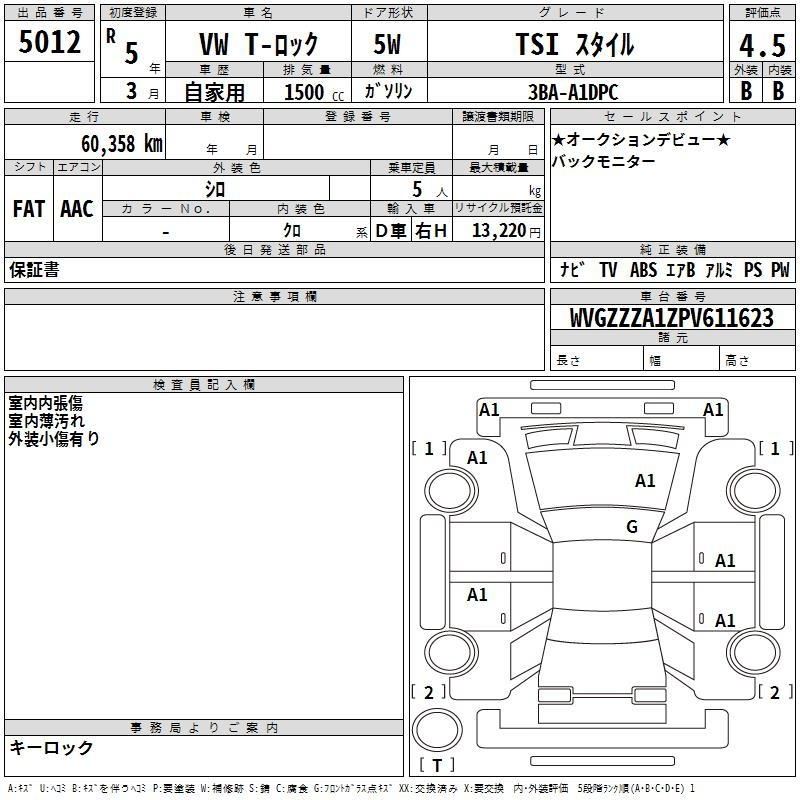 Аукционный лист VOLKSWAGEN T-ROC 2023