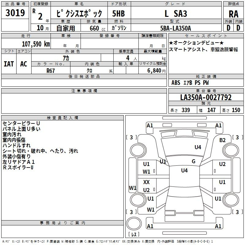 Аукционный лист TOYOTA PIXIS EPOCH 2020