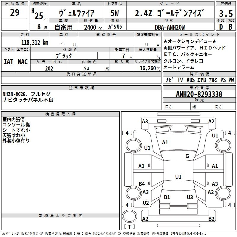 Аукционный лист TOYOTA VELLFIRE 2013