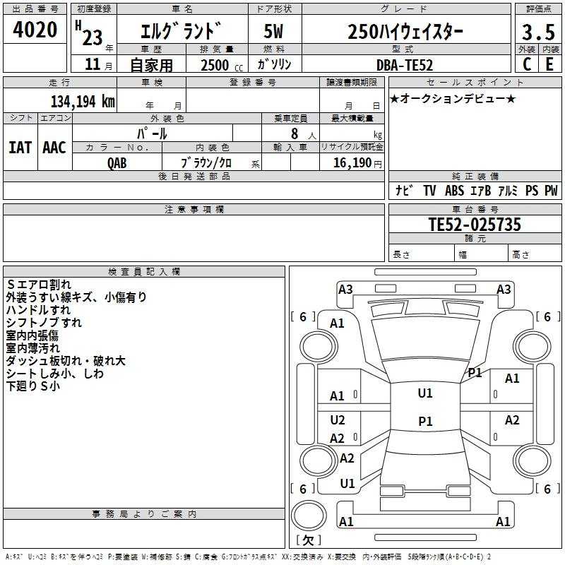 Аукционный лист NISSAN ELGRAND 2011