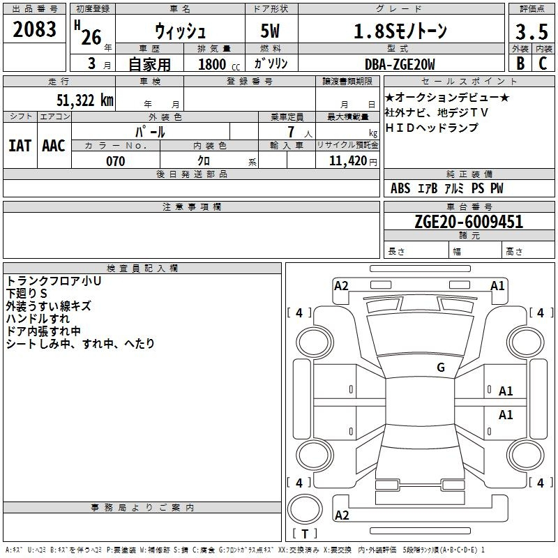 Аукционный лист TOYOTA WISH 2014