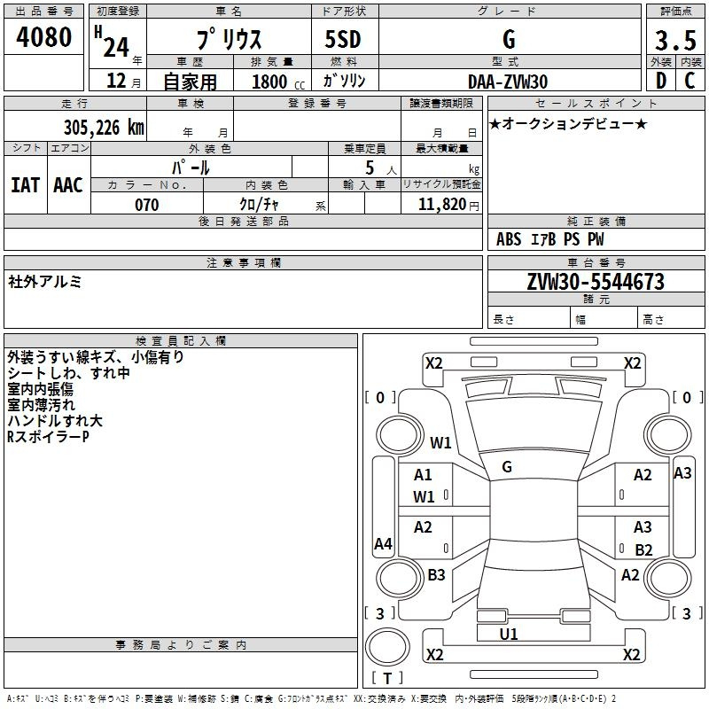Аукционный лист TOYOTA PRIUS 2012
