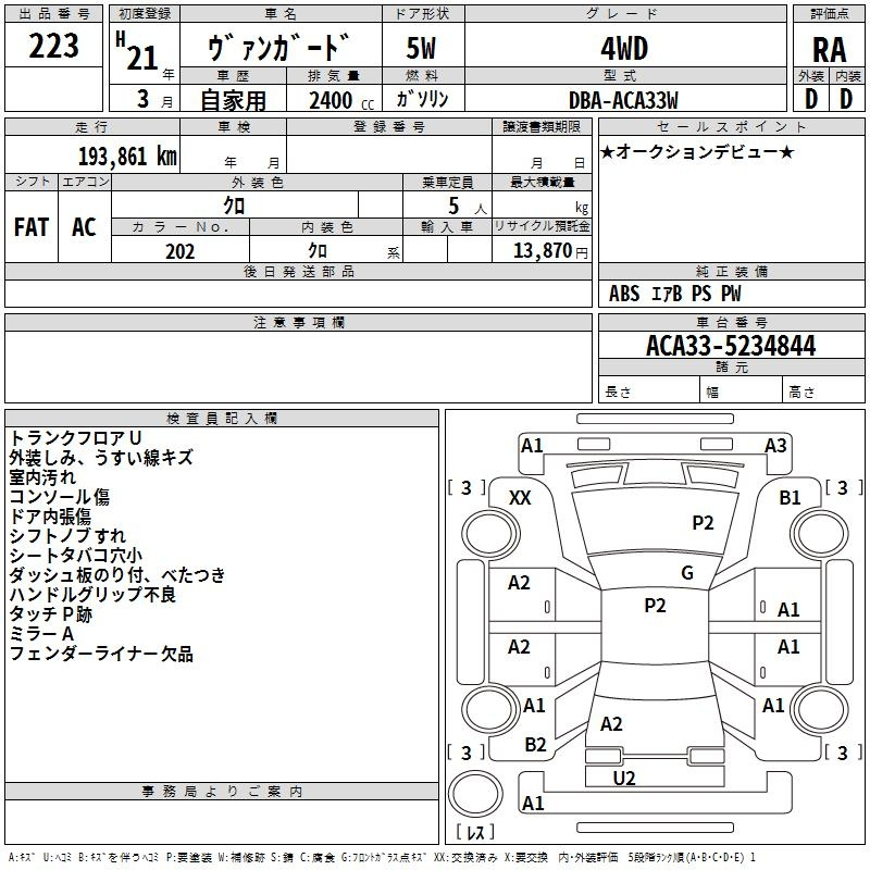 Аукционный лист TOYOTA VANGUARD 2009