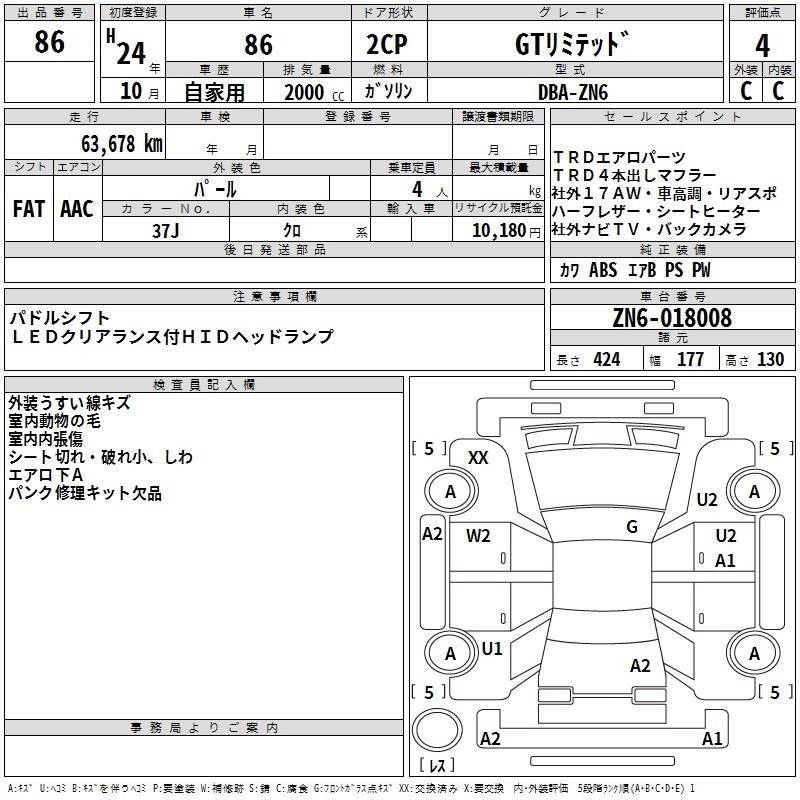 Аукционный лист TOYOTA 86 2012