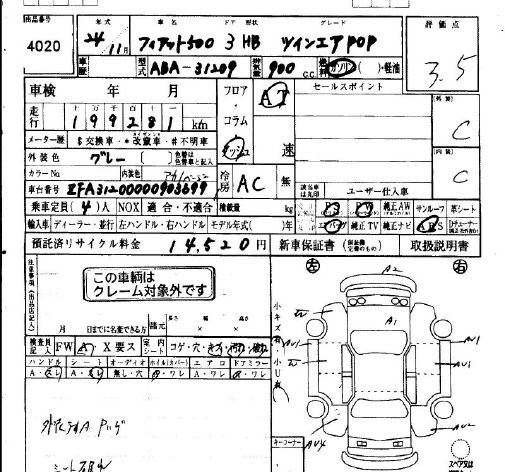 Аукционный лист FIAT 500 2012