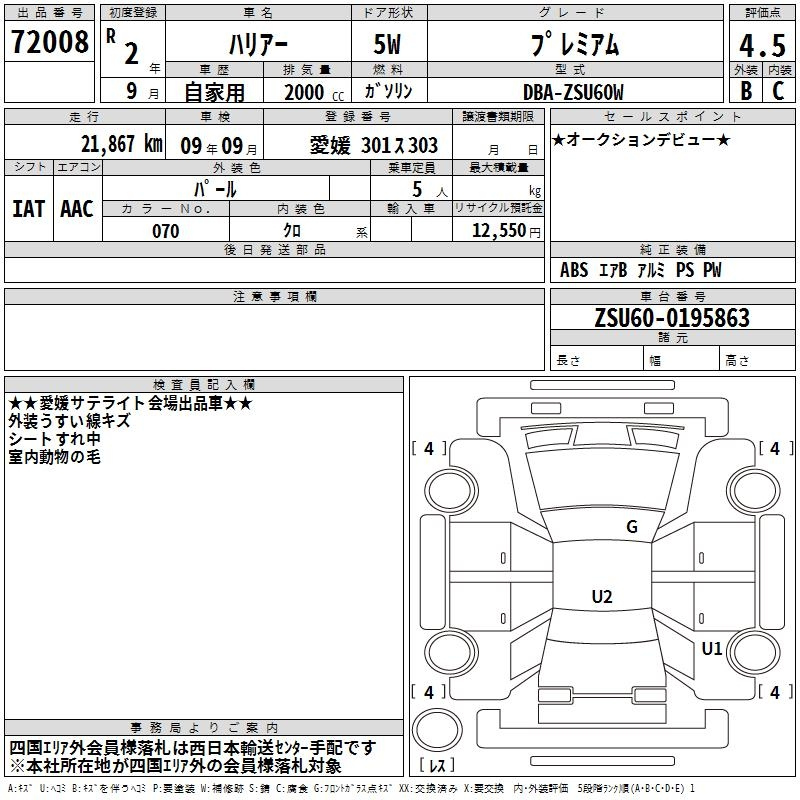 Аукционный лист TOYOTA HARRIER 2020