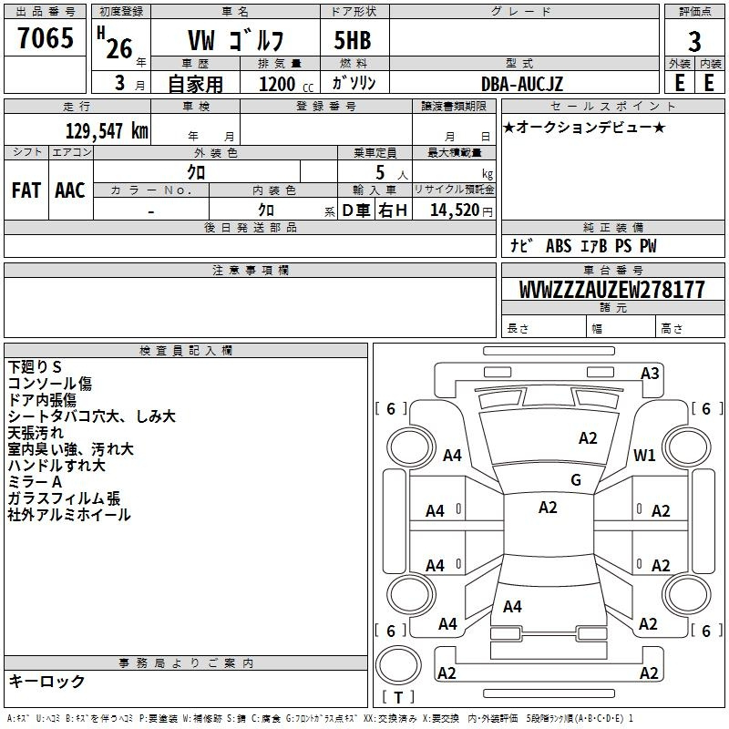 Аукционный лист VOLKSWAGEN GOLF 2014
