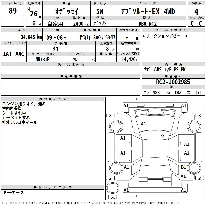Аукционный лист HONDA ODYSSEY 2014